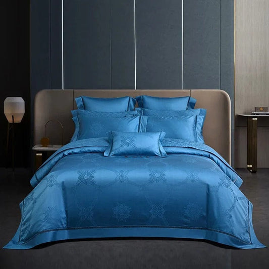 Ylellinen sininen egyptiläinen puuvillainen päiväpeitteen päällinen setti – 200x230 cm kahdella elegantilla tyynyliinalla