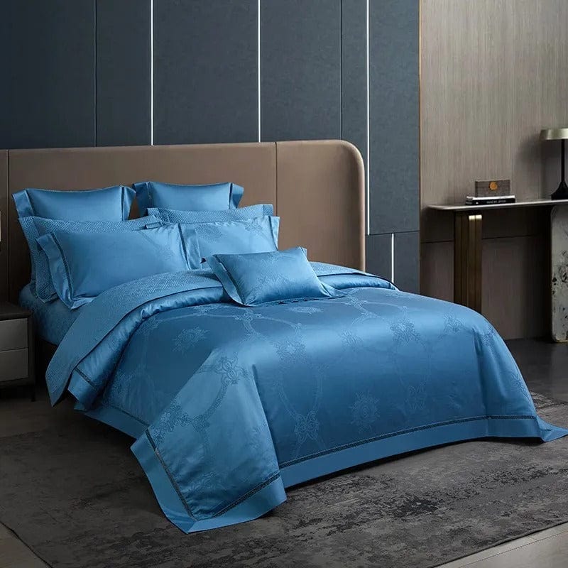 Ylellinen sininen egyptiläinen puuvillainen päiväpeitteen päällinen setti – 200x230 cm kahdella elegantilla tyynyliinalla