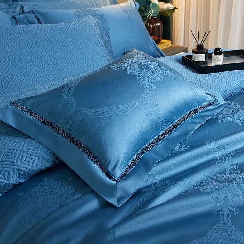 Ylellinen sininen egyptiläinen puuvillainen päiväpeitteen päällinen setti – 200x230 cm kahdella elegantilla tyynyliinalla
